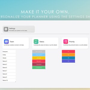 A Settings sheet lets you personalize your planner.