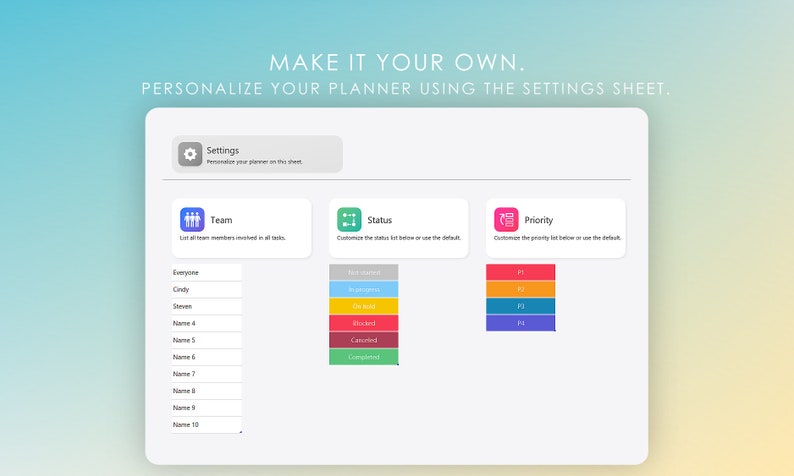 A Settings sheet lets you personalize your planner.