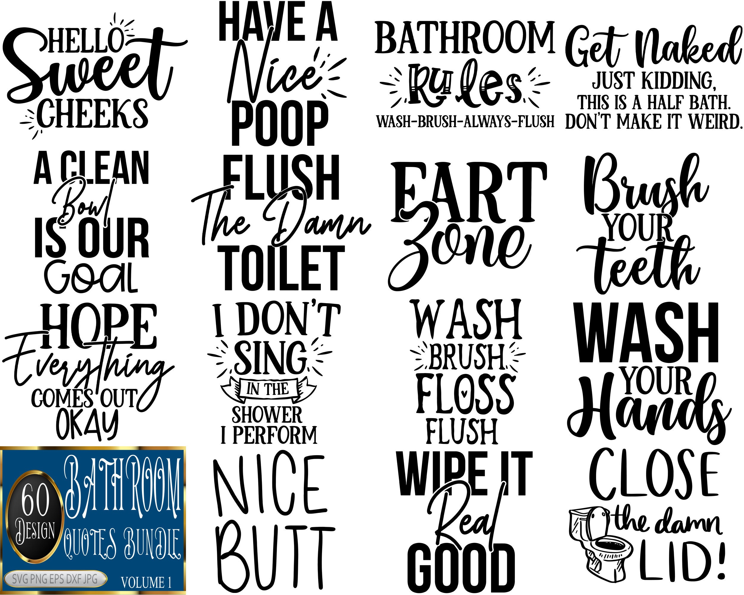 60 Design Bathroom Quotes SVG Bundle, Bathroom SVG File, Funny Bathroom Saying SVG, Cut File