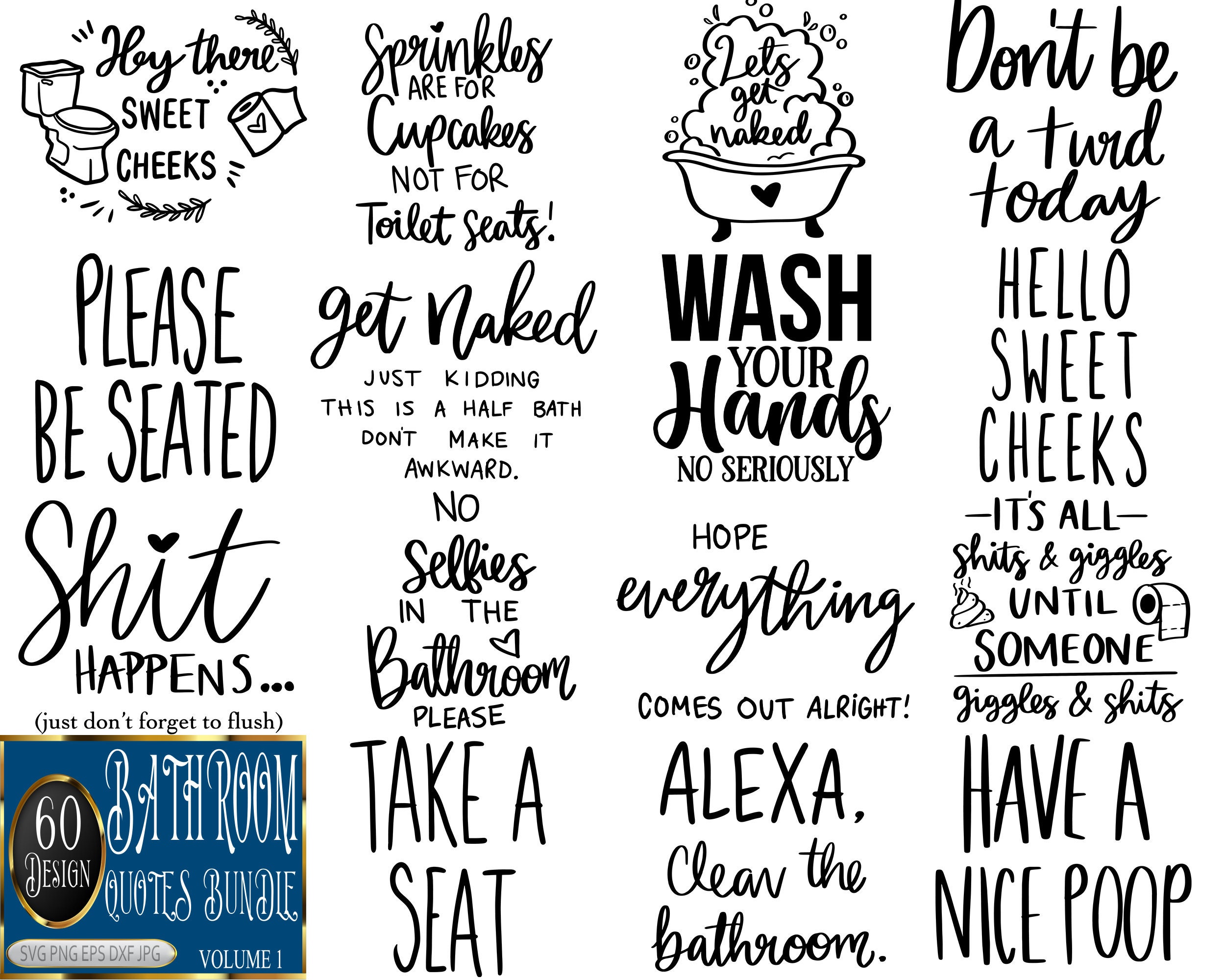 60 Design Bathroom Quotes SVG Bundle, Bathroom SVG File, Funny Bathroom Saying SVG, Cut File