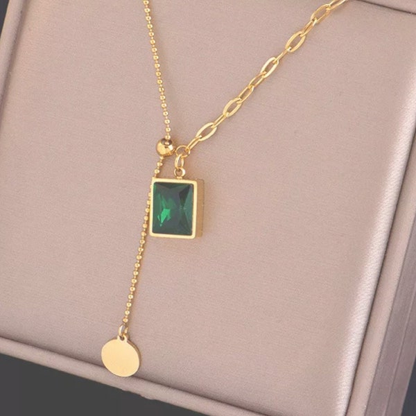 Vintage Emerald 18k Gold Plated, Stainless Steel Chain Necklace, Adjustable Rectangle, Geometry Emerald Pendant Necklace, Mothers Day Gift