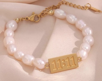 Angel Number 11:11 Bracelet, Genuine Fresh Water Pearls, 18k Gold Plated, Waterproof Bracelet, Elegant Bracelet, Gifts for Friends