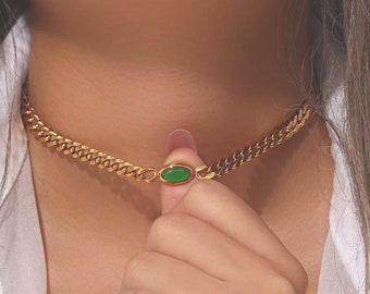 18K Gold Oval Chain Choker Necklace, Cuban Chain Choker, Green Gemstone, Waterproof Chain, Christmas Gift for Her