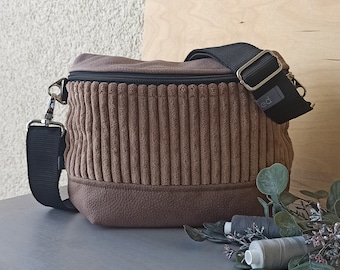 Crossboy-Bag “Kathi” / Wide Cord Beige and Upholstery Fabric Leather Look Cedar Brown / Bag Handbag Shoulder Bag Ladies Beige Brown