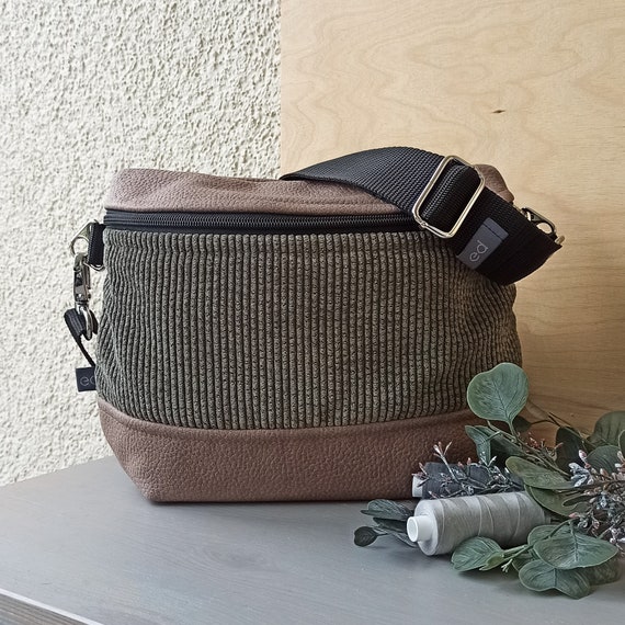 Crossbody-Bag „Kathi“ / Cord Olivgrün und Polsterstoff Lederoptik Cedarbraun / Schultertasche Umhängetasche