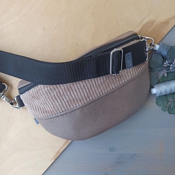 Crossbody-Bag „Caro“ / Cord Beige und Polsterstoff Lederoptik Cedarbraun / Schultertasche Bauchtasche Hip-Bag