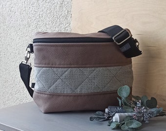 Large crossboy bag “Paula” / padded quilted fabric grey and upholstery fabric leather look cedar brown / handbag shoulder bag ladies grey brown