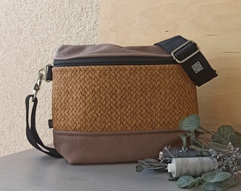 Crossboy bag “Kathi” / imitation leather yellow knit and upholstery fabric leather look cedar brown / bag handbag shoulder bag women yellow brown