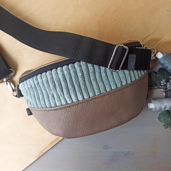 Crossbody-Bag „Caro“ / Breitcord Mint und Polsterstoff Lederoptik Cedarbraun / Schultertasche Bauchtasche Hip-Bag