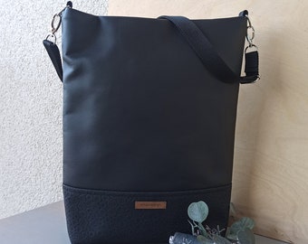 Shopper “Sophie” / black faux leather and black faux leather button look / bag handbag shoulder bag women black