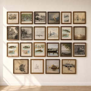 May include: A collection of framed vintage art prints, featuring various nautical and landscape scenes. The prints are in wooden frames and arranged on a white wall. The artwork includes boats, fish, and coastal views.