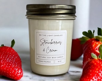Strawberries & Cream Soy Mason Jar Candle  / 8 oz. candle  / Hand Poured / minimalist gift/  Scented Candle / Farmhouse decor / Candle Gift