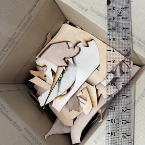May include: A cardboard box filled with laser-cut wooden pieces in various shapes and shades of tan and brown. A clear ruler with inch markings is visible, indicating the size of the pieces. The box is open, revealing the contents.