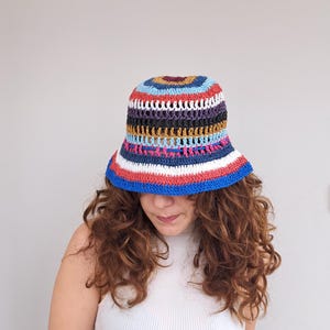 Hand Crochet Sun Hat, Rainbow Stripe Bucket Hat, Woven Colorful Straw Bucket Hat, Rainbow Color Everyday Use Beach Hat, Best Gift For Her