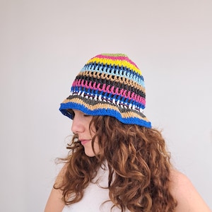 Multicolor Crochet Raffia Bucket Hat, y2k Fashion Rainbow Hat, Handmade Stripe Summer Hat, Vibrant Stylish Everyday Wear, Festival Accessory