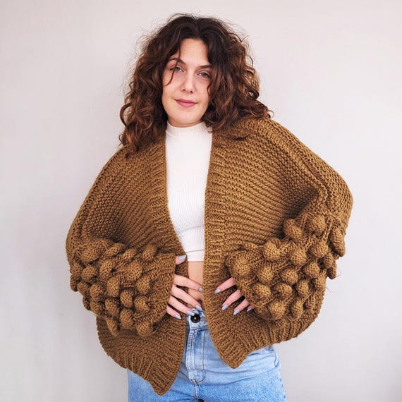 Handmade Chunky Knit Cardigan: Balloon Sleeve Oversized Sweater