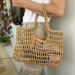 Crochet Raffia Bag, Straw Net Bag for Summer, Beach Bag Vacation Tote, Open Weave Mesh Bag, Lightweight Packable Bag, Transparent Summer Bag