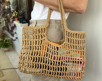Crochet Raffia Beach Tote Bag: Open Weave Summer Handbag