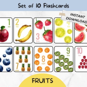FRUITS | 1-10 Numbers Fruit Flashcards | Toddler Fruit Flashcards Printable | Preschool Homeschool Activity