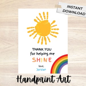 Arte con huella de mano para agradecer a los maestros "Gracias por ayudarme a BRILLAR" / Manualidad imprimible para niños en edad preescolar / Regalo para maestros / Manualidad con arcoíris y sol