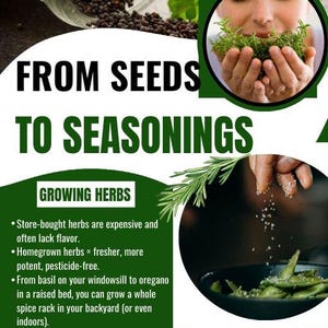 May include: An image promoting herb gardening and seasoning blends. The text reads "From Seeds to Seasonings" and includes information on growing herbs and bonus recipes. A jar of seeds and a person smelling herbs are also shown.
