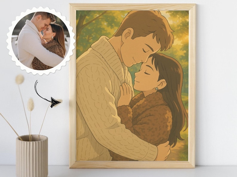 llustration personnalisée Ghibli | Portrait famille, couple, animal à partir de photo | Idée cadeau originale image 1