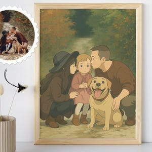 May include: A framed illustration of a family with a dog. The family consists of two adults and a child. The adults are kissing, and the child is looking at the dog. The dog is a light brown labrador retriever with a happy expression. The background is a woodland scene with trees and a path.