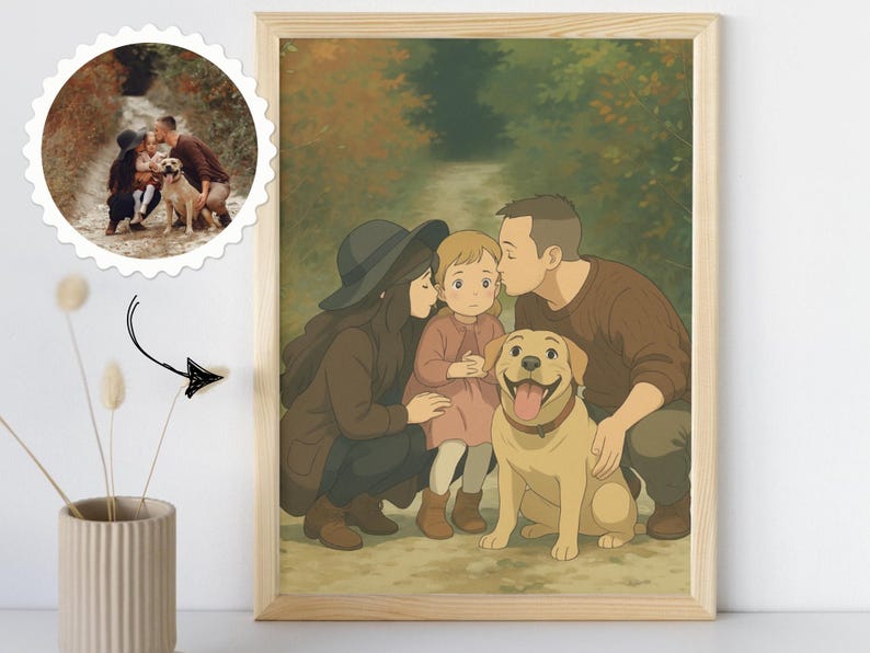 May include: A framed illustration of a family with a dog. The family consists of two adults and a child. The adults are kissing, and the child is looking at the dog. The dog is a light brown labrador retriever with a happy expression. The background is a woodland scene with trees and a path.