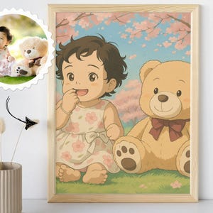 May include: A framed illustration of a young girl with brown hair and a pink dress sitting with a brown teddy bear in a field of pink flowers.