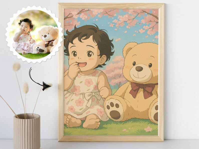 May include: A framed illustration of a young girl with brown hair and a pink dress sitting with a brown teddy bear in a field of pink flowers.