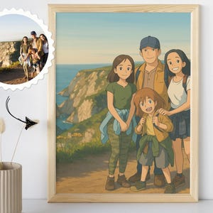 May include: A digital painting depicting a family of five standing on a cliff overlooking a body of water. The family are dressed in casual clothing and smiling. The painting is in a cartoon style with bright colours.
