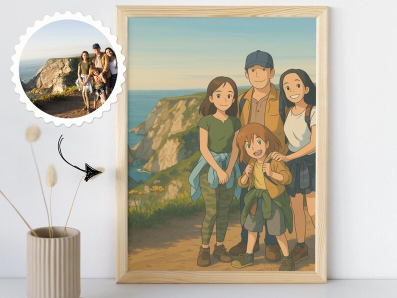 May include: A digital painting depicting a family of five standing on a cliff overlooking a body of water. The family are dressed in casual clothing and smiling. The painting is in a cartoon style with bright colours.