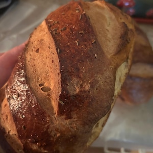 May include: A loaf of golden-brown artisan bread with a dark, crusty exterior and a diagonal score across the top. The surface is sprinkled with small, dark seeds, and the texture appears firm with visible air pockets along the side of the crust.