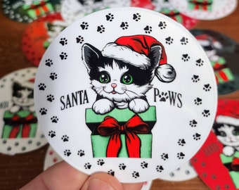 Santa Paws Christmas Cat Sticker Waterproof Decal for Laptop, Water Bottle etc Cute Kitten Present Holiday Gift