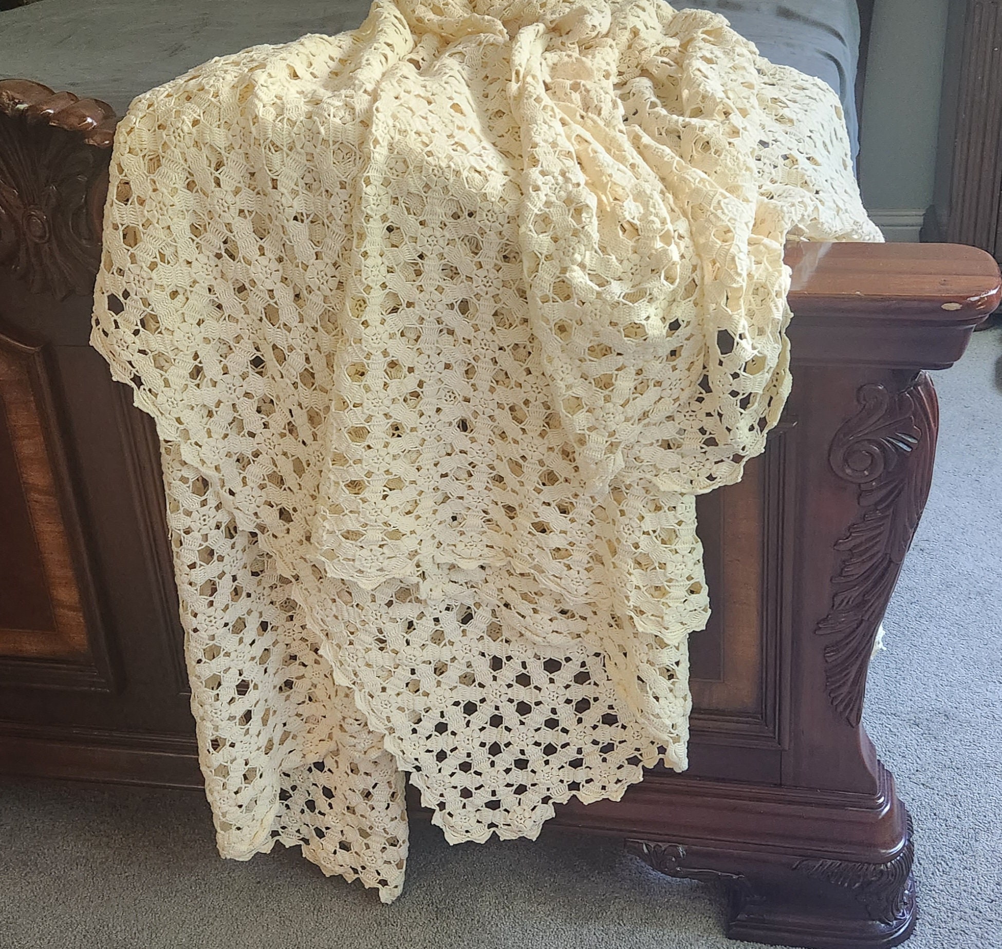 Vintage Handmade Crochet Coverlet Blanket Queen Bed Etsy