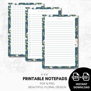 Könnte beinhalten: Drei bedruckbare Notizblöcke mit floralem Design. Die Notizblöcke sind 10 x 15 cm groß und enthalten eine To-Do-Liste, Notizen und eine gepunktete Seite. Die Notizblöcke haben einen dunkelblauen Rand mit weißen Blumen und grünen Blättern.