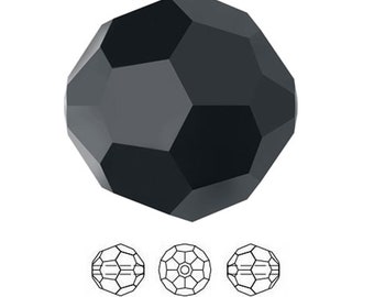 May include: A black faceted round bead with a 12-sided design. The bead is made of glass and has a high-gloss finish.
