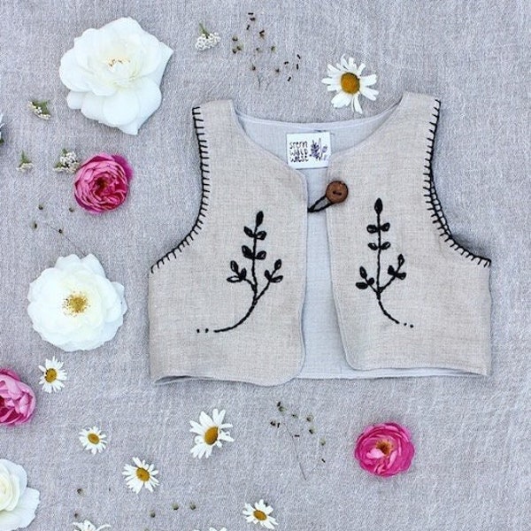 Leinenweste handbestickt, Weste, Gillet, Kurzweste, bestickt, Leinen, Kinderweste, Boho, Hippie