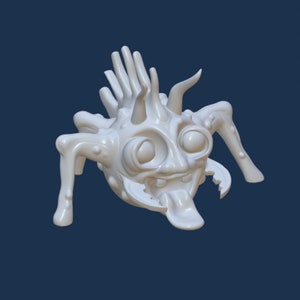 May include: White 3D printed model of a cartoon monster with large eyes, a toothy grin, and a long tongue sticking out. The monster has a spiky head and multiple legs.