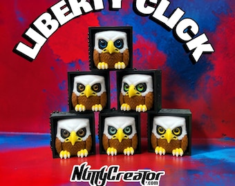 LIBERTY CLICK, 40mm box clicker, 3D Printed, US Flag and 250th embossed texture on box, Eagle with glass eyes, choose your eye color option