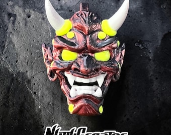 Japanese Inspired Mini Hannya Mask Keychain, 2.5" Folklore Accessory, 3D Printed, silk red to black dual color filament