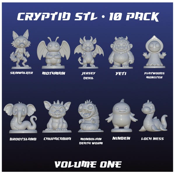 Cute Cryptids 3D STL file pack - 10 Unique Cryptids, Kawaii, Chibi style Mythical creatures for dioramas or anytime decor, original designs