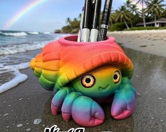 Hermes Hermit Crab Pen Holder - 3D Printed, Multicolored Rainbow Print, 16mm glass eyes, original design