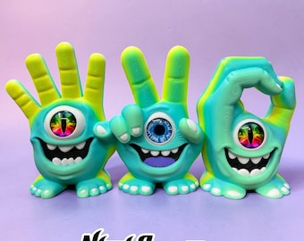 Trio of Happy Hands Wall Decor, 3D Printed with 25mm Glass Eyes, original design
