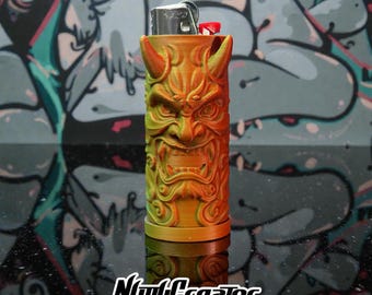 Japanese Oni Mask themed Bic Lighter Sleeve, 3D printed, Tri-color filament, Fits Standard Size Bic, original design