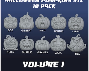 May include: A collection of ten gray, 3D-printed Halloween pumpkin models with various carved faces. The text "HALLOWEEN PUMPKINS STL 10 PACK" and "VOLUME 1" are displayed. Each pumpkin is named, including "BOB," "GILBERT," and "FRED."