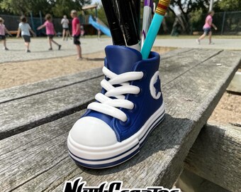 3D Printed High-top Sneaker Pen Holder • Retro Desk Accessory, Navy Blue and White