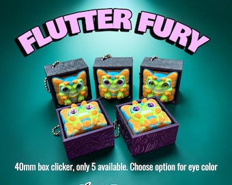 FLUTTER FURY, 40mm box clicker, 3D Printed, Paisley embossed box, black to purple with creepy cute butterfly. Original design.