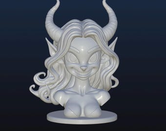 Cute Demon Girl Bust STL, 3D Digital File for 3D Printing, Demon Girl, Devil with horns, original design