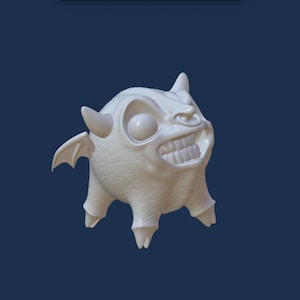 May include: A white, 3D printed, cartoon-style dragon with a toothy grin, large eyes, and small wings. The dragon has a textured surface and is posed in a playful, energetic stance.